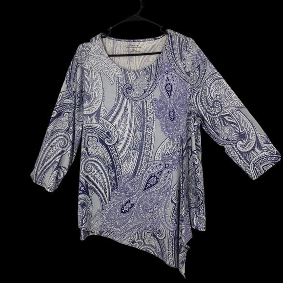 Chicos the Ultimate Tee Purple & White Paisley Tunic Top, Handkerchief Hem SZ 3 - Picture 1 of 9